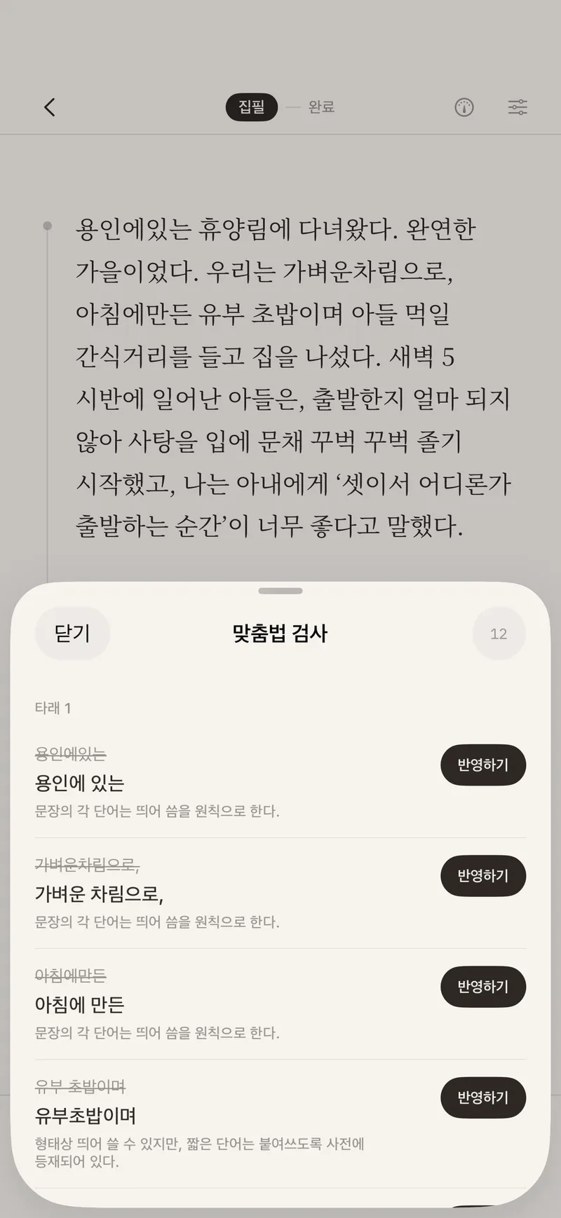맞춤법 검사 결과 — 고칠 곳마다 원래 표기와 제안, 반영하기 버튼이 놓인 화면